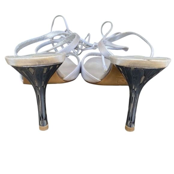 St. John ivory/pale gray/silver strappy sandal w/rhinestones. Made in Italy. Siz - Picture 3 of 13